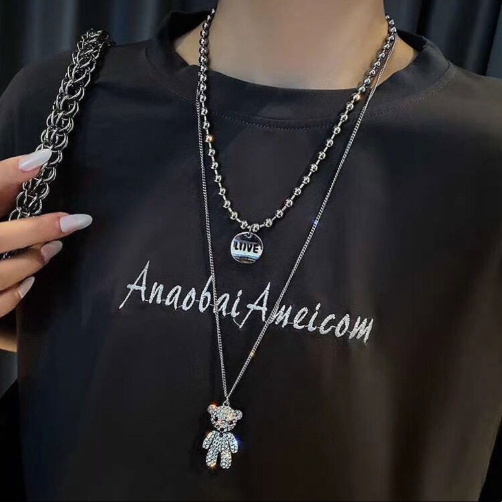 3/$25🦋 Layered Teddy Bear Crystal Silver Necklace